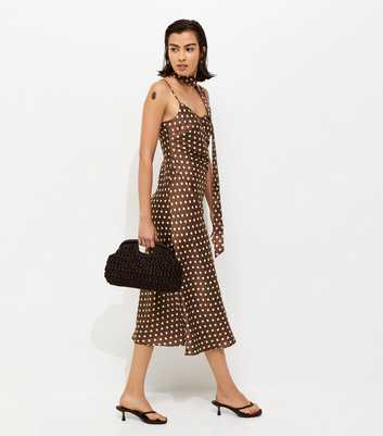 Brown Satin Spot Print Midi Dress