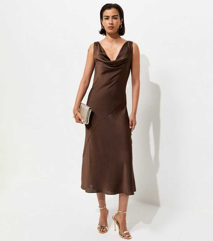 Dark Brown Satin Cowl Neck Sleeveless Maxi Dress