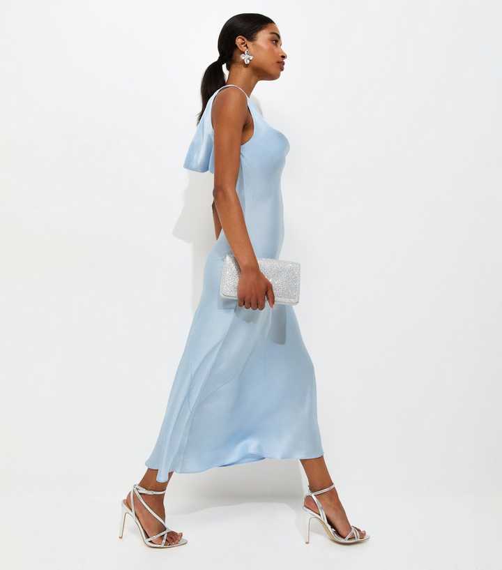 Light Blue Satin Cowl Neck Sleeveless Maxi Dress