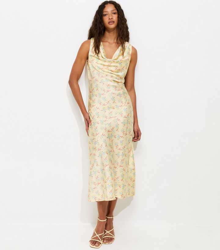 Yellow Satin Floral Cowl Neck Midi Dress