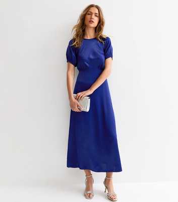 Blue Satin Puff Sleeve Midi Dress