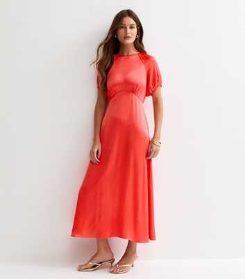 Coral Satin A-line Midi Dress