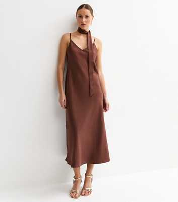 Dark Brown Satin Slip Midi Dress with Scarf