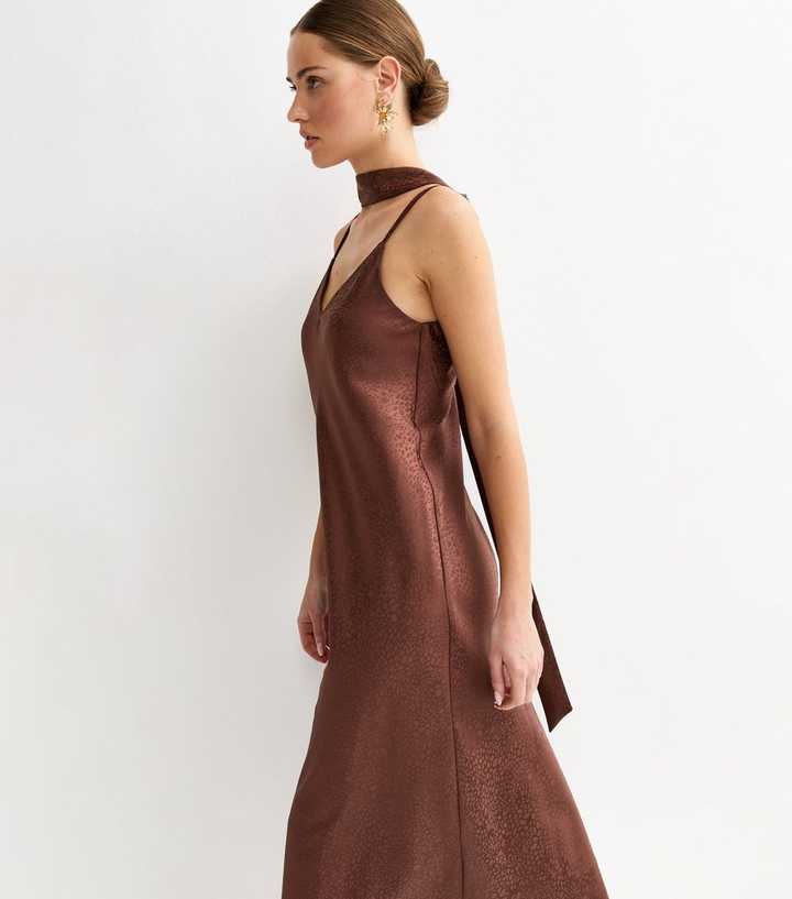 brown linen mini dress Remi Lace Panel Satin Dress in Chocolate Brown