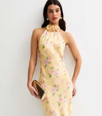 Yellow Blurred Floral Halter Neck Midi Dress
