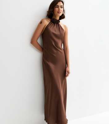 Brown Satin Floral Applique Halterneck Midi Dress