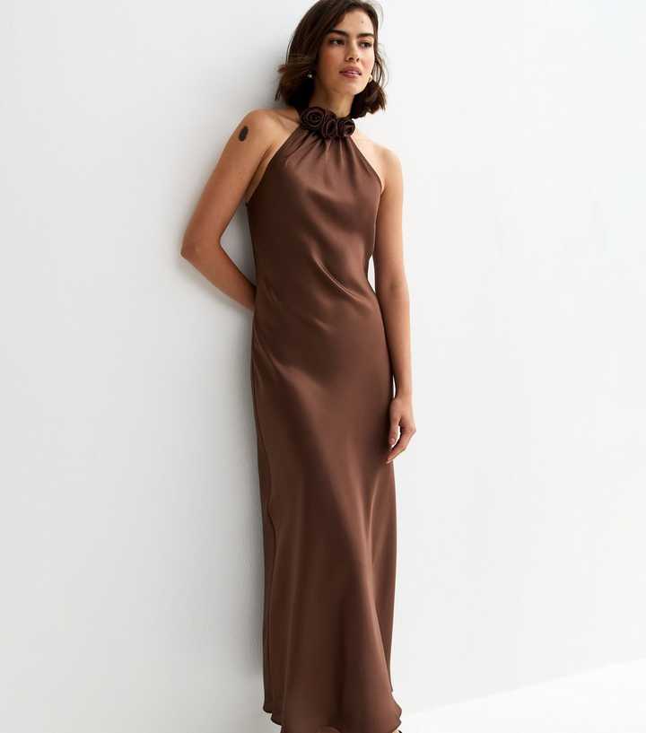 Brown Satin Floral Applique Halterneck Midi Dress