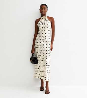 Cream Satin Polka Dot Floral Appliqued Halter Neck Midi Dress