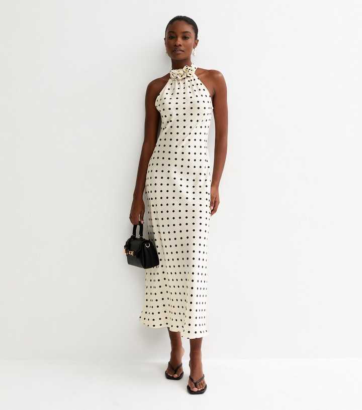 Cream Satin Polka Dot Floral Appliqued Halter Neck Midi Dress