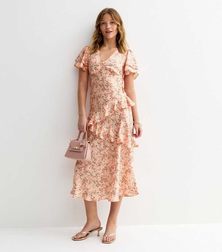 Pink Rose Print Tiered Ruffle Midi Dress