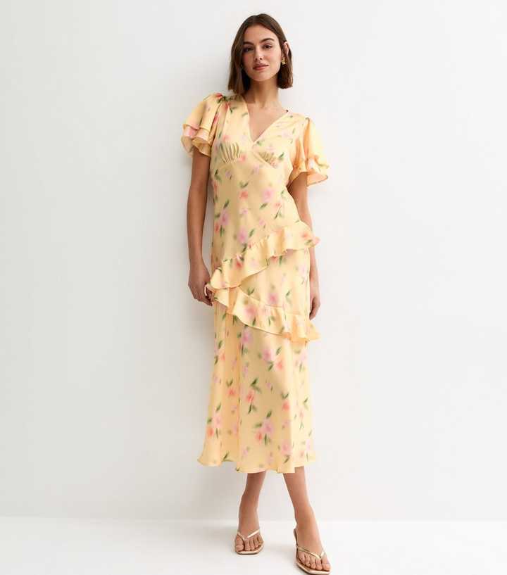 Light Yellow Blurred Floral Tiered Ruff Midi Dress
