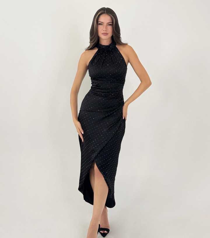 AX Paris Black Diamante Halter Neck Midi Dress | New Look