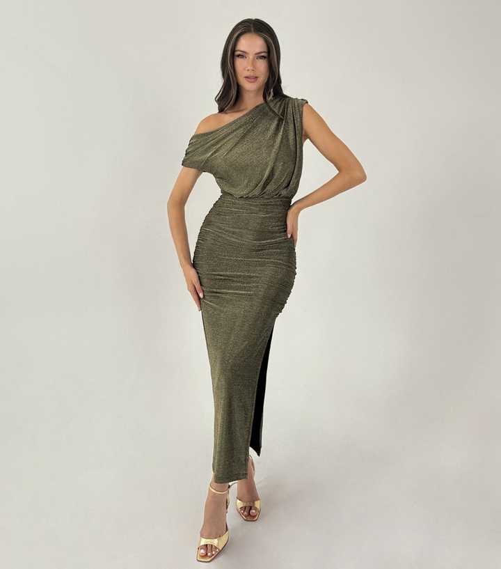 knee length dresses for ladies Off The Shoulder Sequin Wing Maxi Dress - Champagne