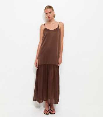 Dark Brown Satin and Chiffon Maxi Dress