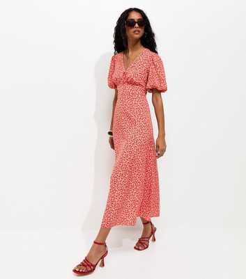 Pink Rose Print Puff Sleeve Midi Dress