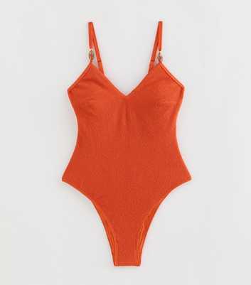 Bright Orange Tummy Control Crinkle Beaded Strap Swimsuit