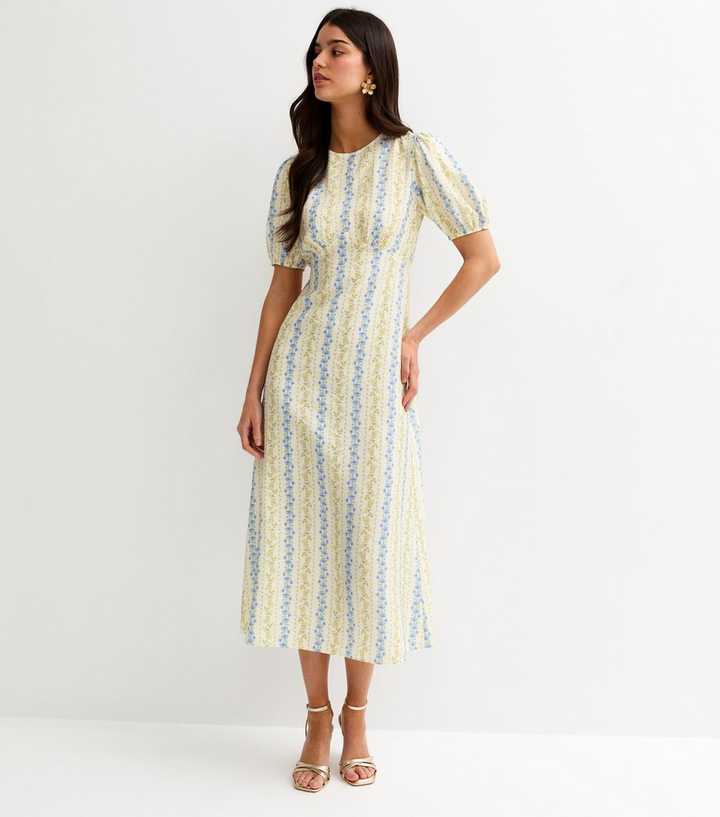 Cream Floral Puff Sleeve Midi Dress