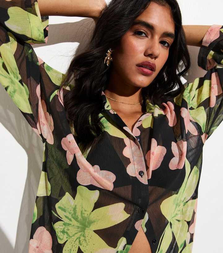 Black Oversized Flower Print Beach Shirt