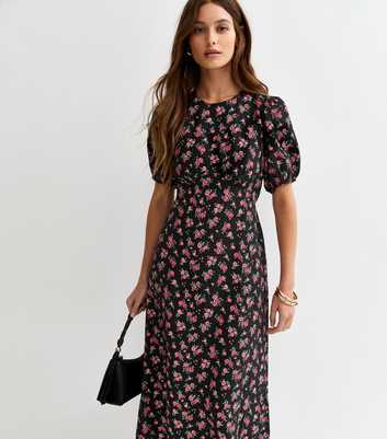 Black Ditsy Floral A-line Midi Dress