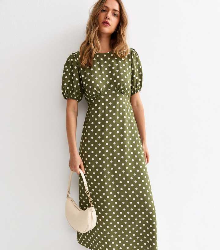 Khaki Polka Dot Crew Neck Midi Dress