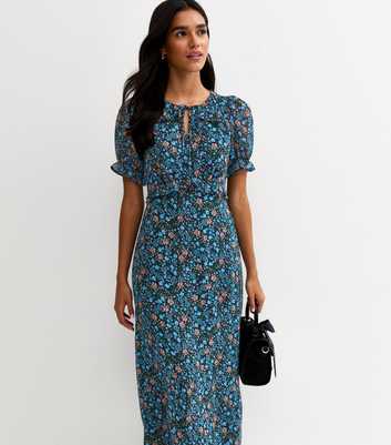 Blue Floral Short Sleeve Midi Dress