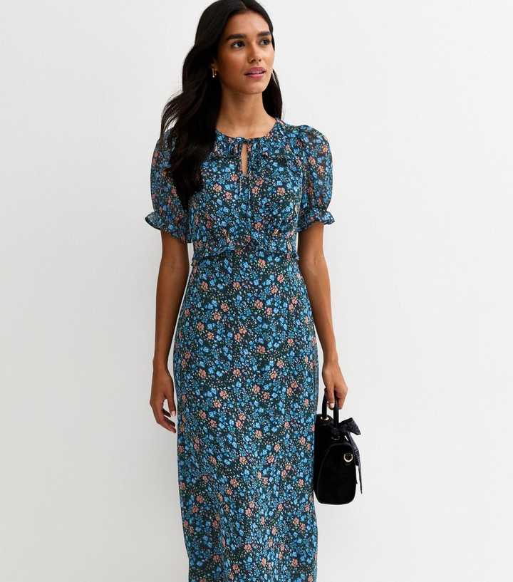 Blue Floral Short Sleeve Midi Dress