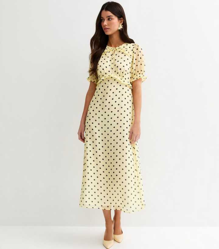 Yellow Chiffon Polka Dot Short Sleeve Midi Dress
