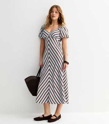 Blue Contrast Stripe Puff Sleeve Midi Dress