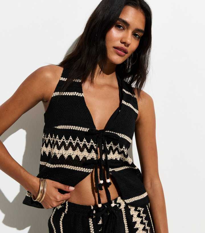 Black With Cotton Crochet Knit Zig Zag Stripe Beach Waistcoat