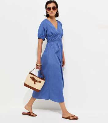 Blue Poplin Ruched Detail Midi Dress