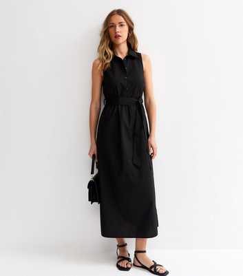 Black Sleeveless Button Up Midi Shirt Dress