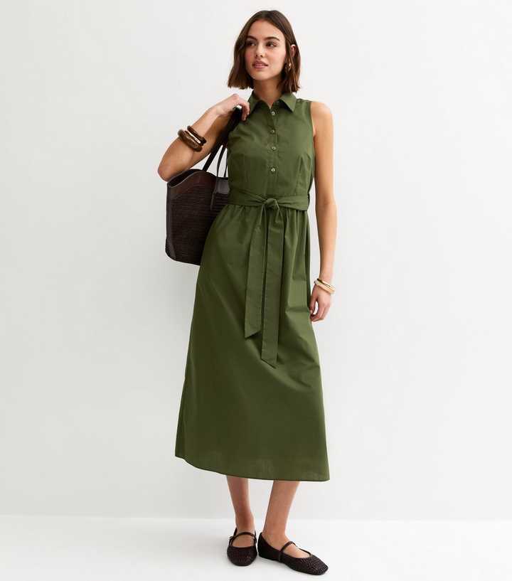 Khaki Sleeveless Button Up Midi Shirt Dress