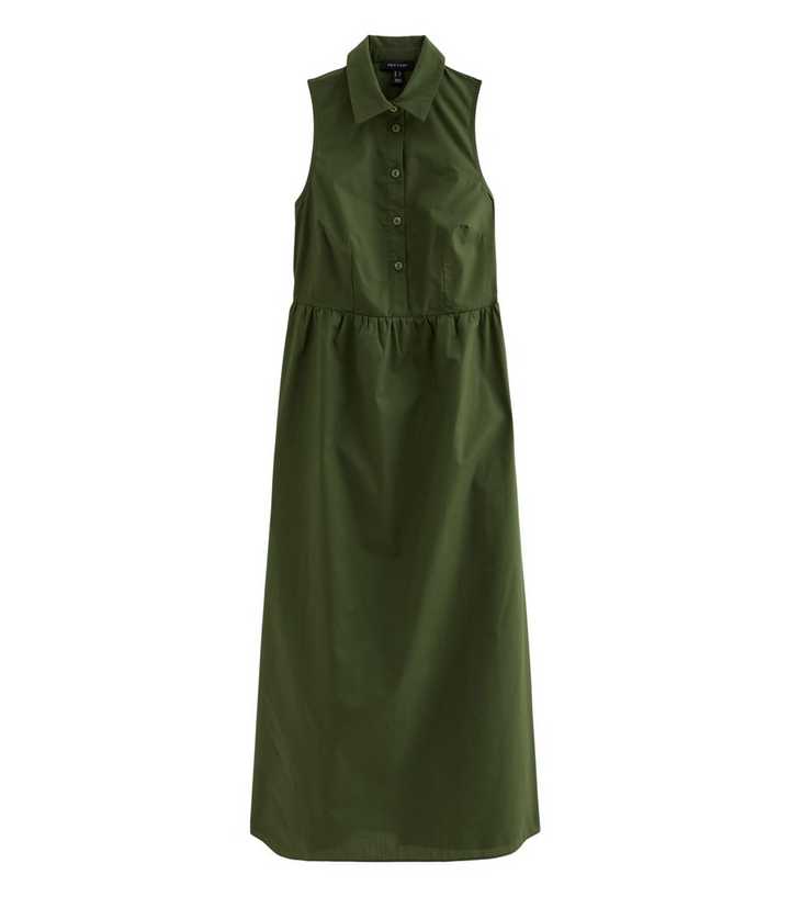 Khaki Sleeveless Button Up Midi Shirt Dress | New Look