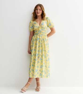 Yellow Crepe Ditsy Print Tiered Hem Midi Dress