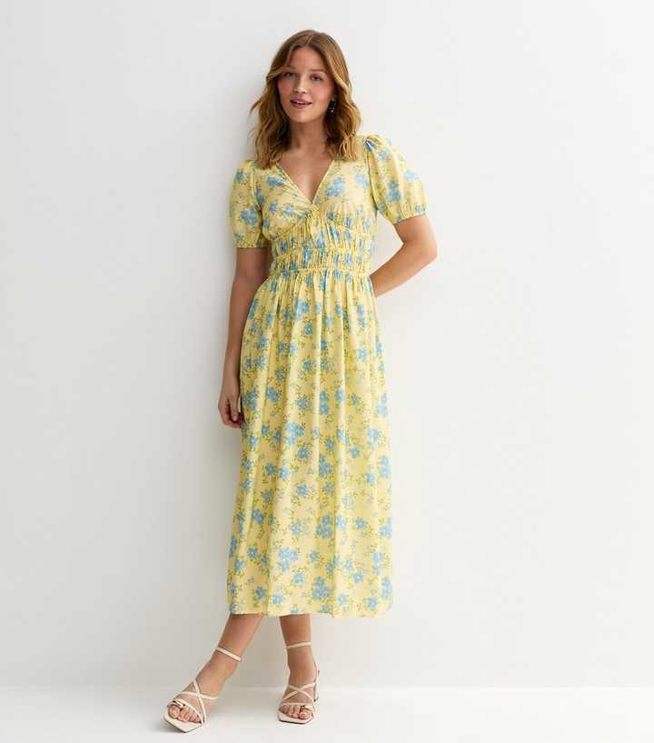 Yellow Crepe Ditsy Print Tiered Hem Midi Dress