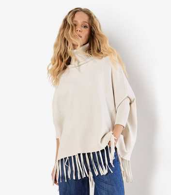 Apricot Cream Roll Neck Fringe Poncho 
