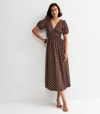 Brown Polka Dot Ruched Waist Midi Dress
