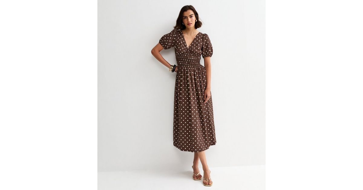 knee length dresses for ladies Brown Polka Dot Print Ruffle Midi Dress  Mint Velvet