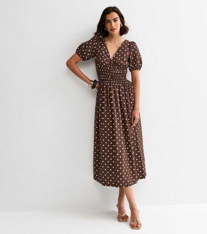 Brown Polka Dot Ruched Waist Midi Dress Brown Polka Dot Ruched Waist Midi Dress