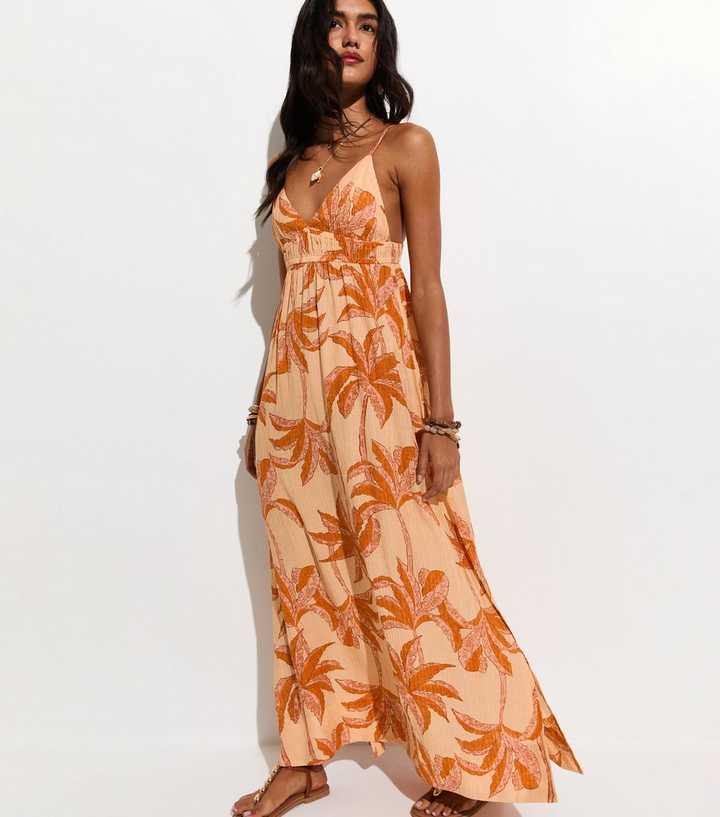 Orange Palm Tree Print Beach Maxi Dress