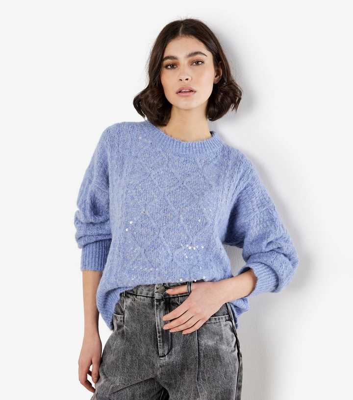 Apricot Pale Blue Cable Knit Sequin Panel Jumper