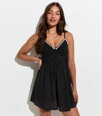Black Cotton Crochet Bodice Beach Mini Dress