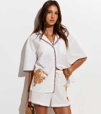 White Cotton Contrast Trim Embroidered Parrot Shirt