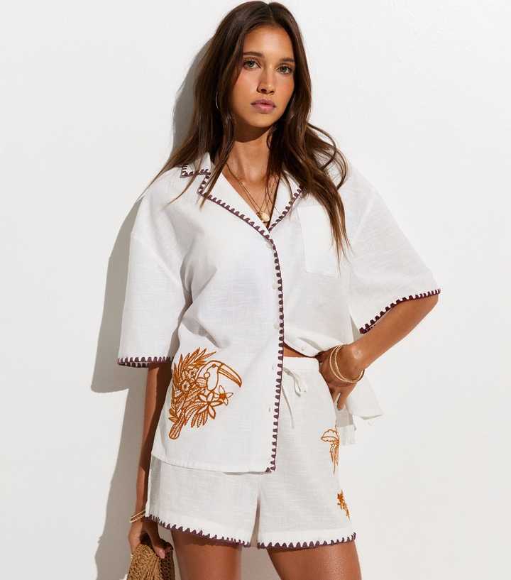White Cotton Contrast Trim Embroidered Parrot Shirt