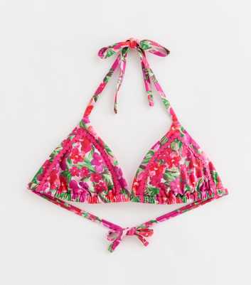 Pink and Green Floral Triangle Bikini Top