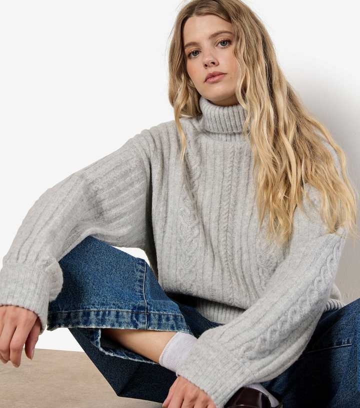 Apricot Light Grey Cable Knit Roll Neck Jumper