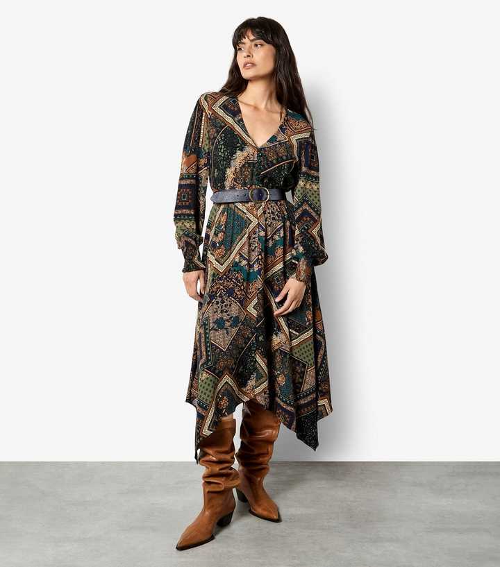 Apricot Green Patchwork Hanky Hem Midi Dress