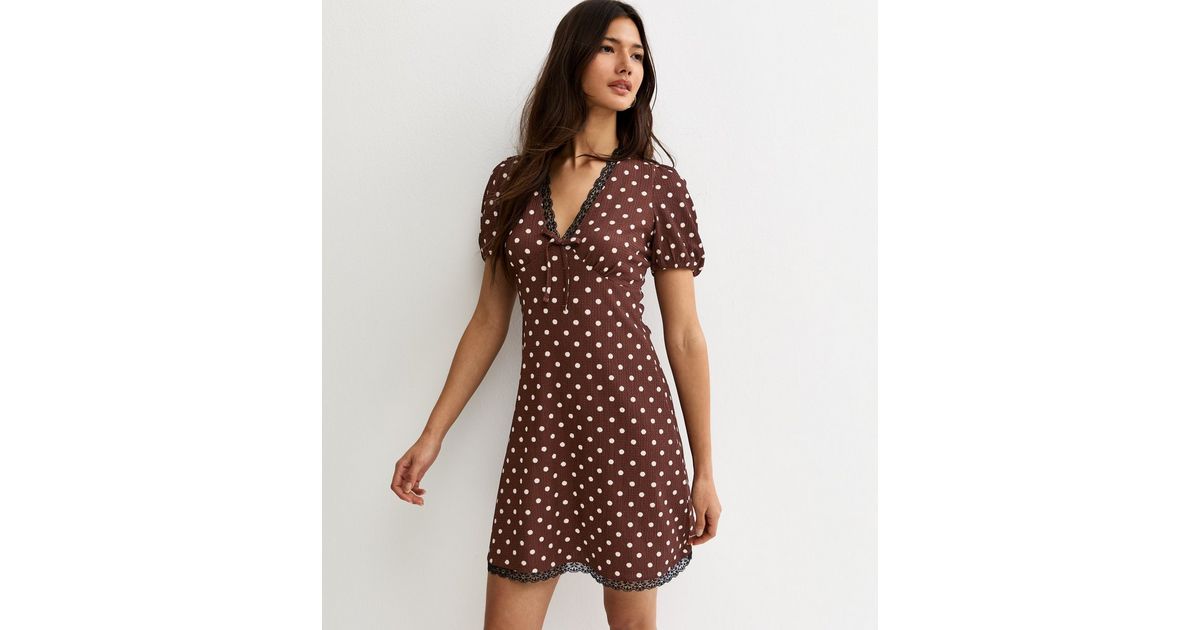 Brown Polka Dot Lace Trim Mini Dress | New Look