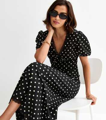 Black Polka Dot Short Sleeve Midi Dress