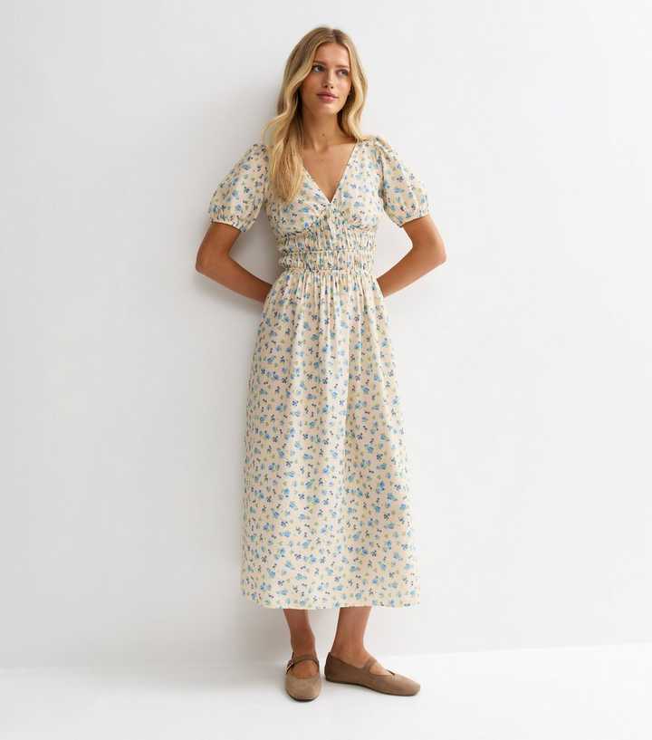 Cream Floral Ruched Waist Midi Dress